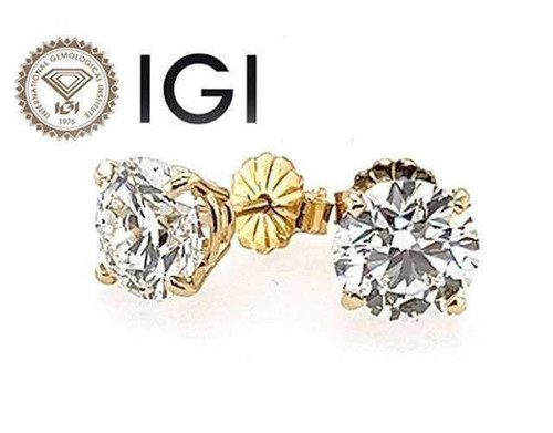 Diamond Stud Earrings 2 Carat D VS1 IGI Certified Lab Grown Ideal 2ct 4 Prong 14K Yellow Gold
