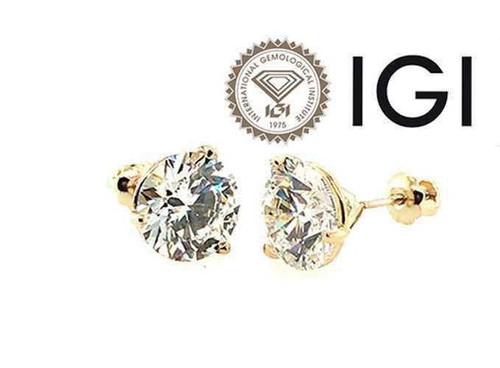  Diamond Stud Earrings 2 Carat D VS1 IGI Certified Lab Grown Ideal 2ct Martini Screwback 14K Yellow Gold 