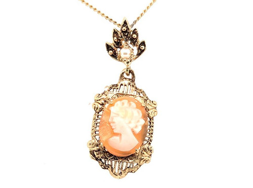  Art Deco Cameo Pearl Pendant Necklace 14K Yellow Gold Antique Original 1920's 