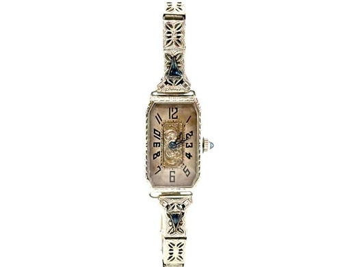  Elgin 14K Ladies Wrist Watch 1920's Mint Engraved Flowers French Cut Sapphire Deco 
