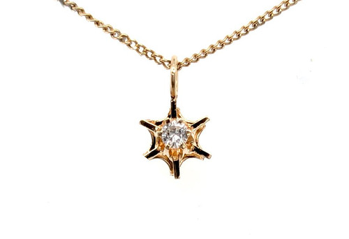  Diamond Solitaire Starburst Pendant Necklace .10ct Mined F SI 14K Yellow Gold 