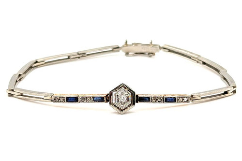 Art Deco Diamond Sapphire Bracelet Old Mine .40ct 18K Vintage Antique