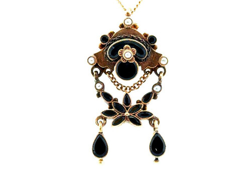  Victorian Onyx Pearl Necklace Pendant 14K Yellow Gold Antique Original 1860's 
