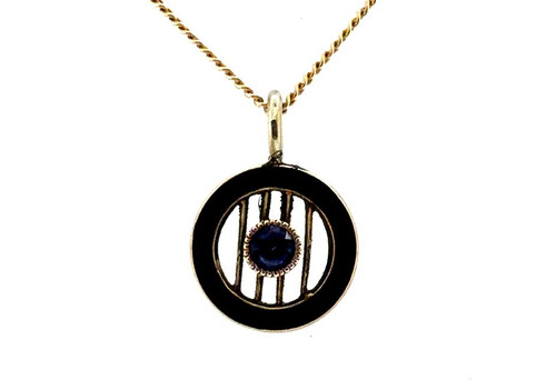  Deco Sapphire Onyx Pendant Necklace .25ct Old Cut 14K Antique Original 1920's-1930's 