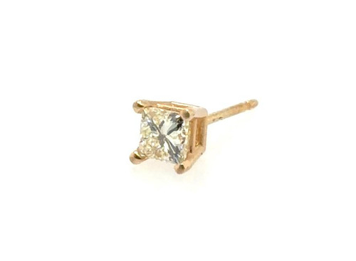  Single Diamond Stud Earring .25ct Natural Princess Cut 14K Yellow Gold Brand New 