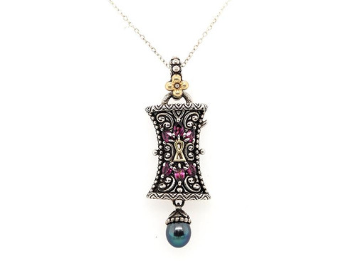  Barbara Bixby Keyhole Pendant Enhancer 18K SS 925 Black Pearl Pink Garnet 