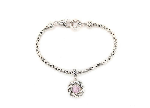  John Hardy JAI Love Knot Bracelet Sterling Silver Pink CZ 6.75 Inch Rope Chain 