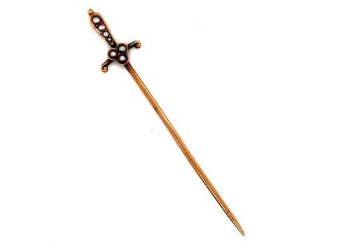  Antique Victorian Sword Stick Pin Seed Pearl 14K Yellow Gold Estate Jewelry 