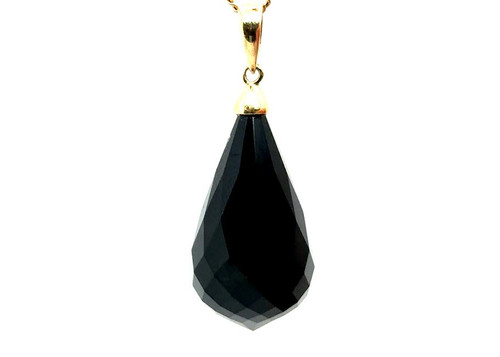 Natural Black Onyx Teardrop Briolette Pendant 26mm Faceted 14K Yellow Gold