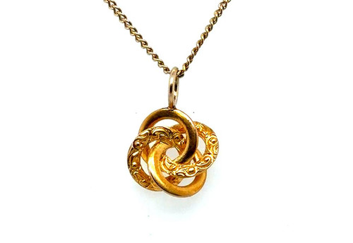  Antique Victorian Love Knot Pendant 14K Gold Engraved Interlocking Rings 