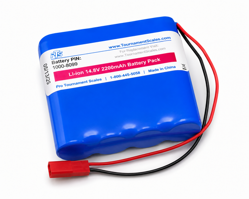 Replacement battery pack for Pro Tournament Scales H2, CS19, and LED sign systems. Blue lithium battery pack with integrated wiring harness and connector.