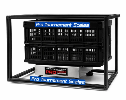 Professional 4-sided wind screen fully assembled with fish baskets and CS19 Pro Series scale installed. Shows complete tournament weigh-in station setup.