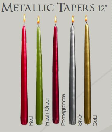 12" Metallic  Taper Candles (72 pcs/cs)  With Self-Fitted End