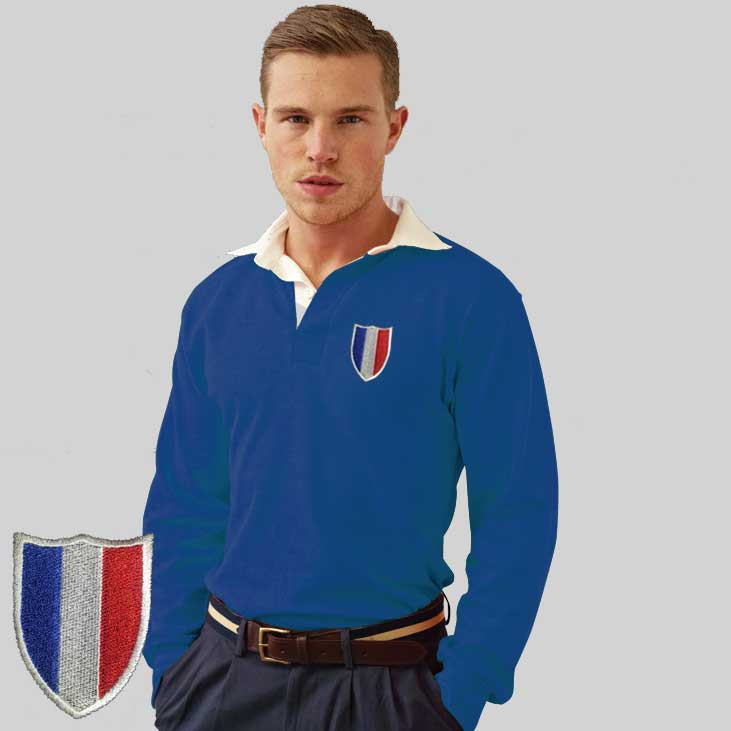 France Flag 80s Crest Long Sleeve Retro Rugby Shirt