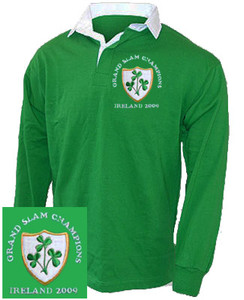 Ireland Grand Slam 2009 Rugby shirt. A 1970's style retro Ireland Rugby shirt. This Retro 1970's style rugby shirt is ideal for showing the World that you are proud to support the Ireland Rugby side. Vintage Irish green rugby shirt with white contrast collar. The shirt has been embroidered with the classic triple shamrock crest. Ireland Grand Slam 2009 Rugby shirt. A 1970's style retro Ireland Rugby shirt. This Retro 1970's style rugby shirt is ideal for showing the World that you are proud to support the Ireland Rugby side. Vintage Irish green rugby shirt with white contrast collar. The shirt has been embroidered with the classic triple shamrock crest.