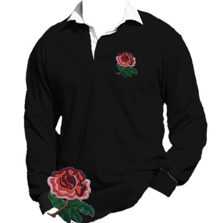 Black England Rugby shirt.  The England rugby team will wear an all black strip when they kick off their World Cup campaign against Argentina in New Zealand. Both the shirt and the shorts of the new strip are jet black with no other colour except for the Red Rose embroidered logo.