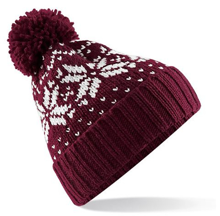 Burgundy and Off White Fairisle Pattern beanie bobble hat from Sumo Sam Hats and Caps