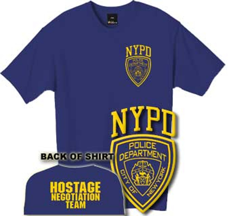 NYPD New York Police Dept t-shirt.  This tshirt is only available in Navy Blue and is printed in yellow front and back.