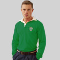 A 1970's style retro Ireland Rugby shirt. This Retro 1970's style rugby shirt is ideal for showing the World that you are proud to support the Ireland Rugby side. Vintage Irish green rugby shirt with white contrast collar. The shirt has been embroidered with the classic triple shamrock crest. This garment is a tribute to Ireland and the Irish nation and is 100% Unofficial.