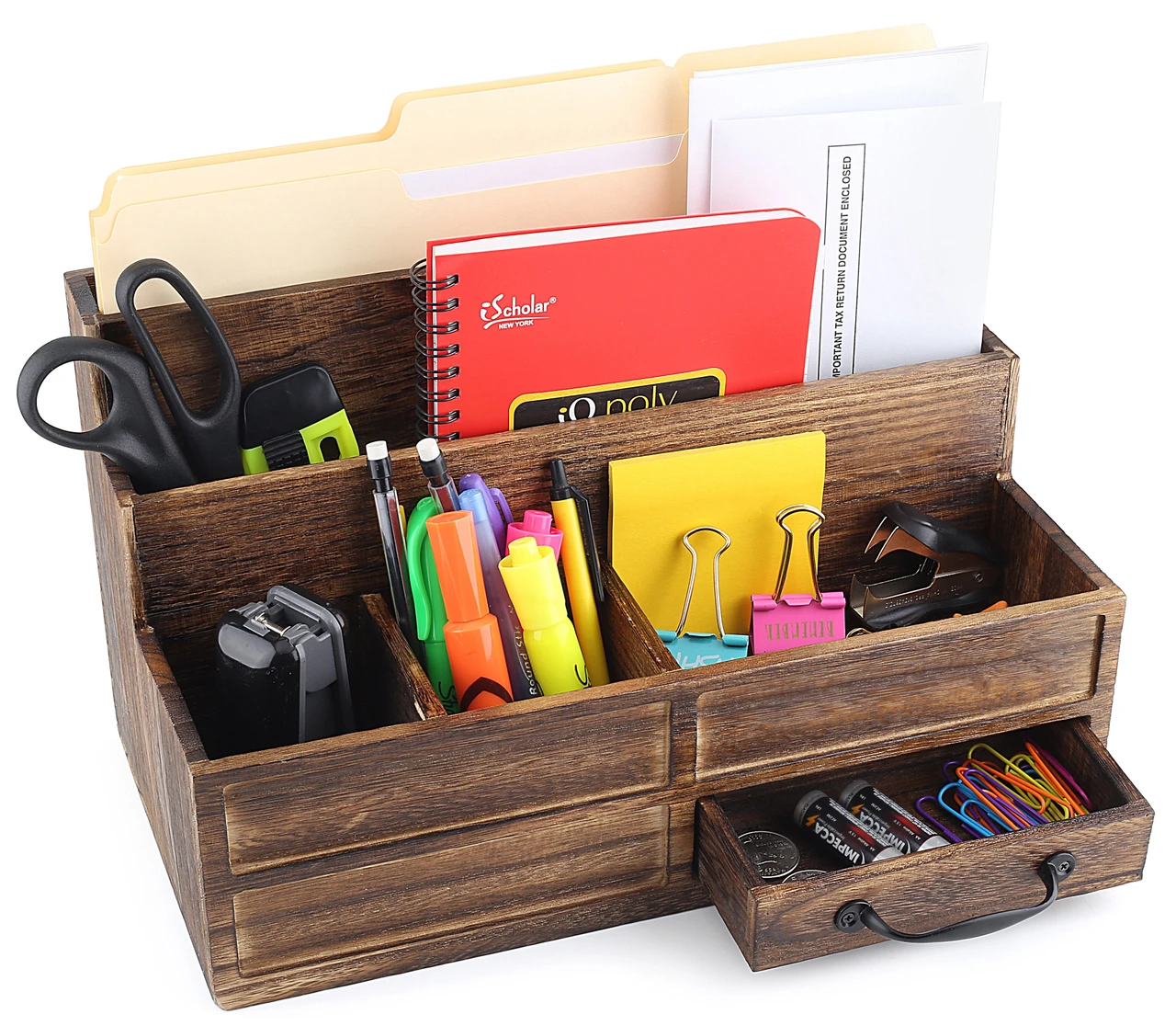 Wood Desk Organizer with Drawer & Mail Sorter