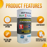 6.5 inch high Cardboard Donation Cans with tin top and bottom- Custom Printed Label, Eco-Friendly, Case of 90 Pieces