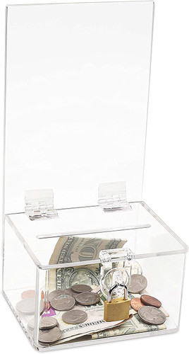 Clear Acrylic Donation, Ballot, & Suggestion Box with Pad Lock & Sign Holder