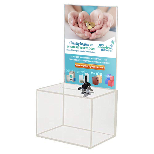 Medium Clear Acrylic Donation, Ballot, & Suggestion Box with Lock & Large Display panel