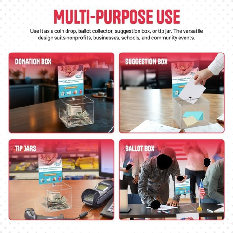Extra Large Clear Acrylic Donation, Ballot, & Suggestion Box with Lock & Large Display Panel