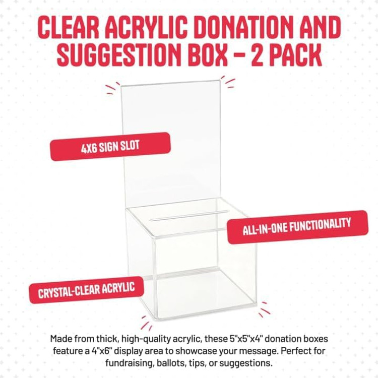 Clear Acrylic Donation, Ballot, & Suggestion Boxes with Display -2 Pack