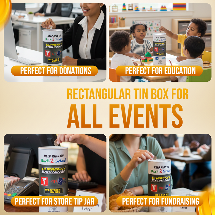 6.5 inch high Cardboard Donation Cans with tin top and bottom- Custom Printed Label, Eco-Friendly, Case of 90 Pieces