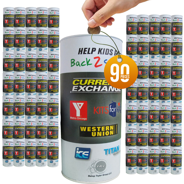 6.5 inch high Cardboard Donation Cans with tin top and bottom- Custom Printed Label, Eco-Friendly, Case of 90 Pieces