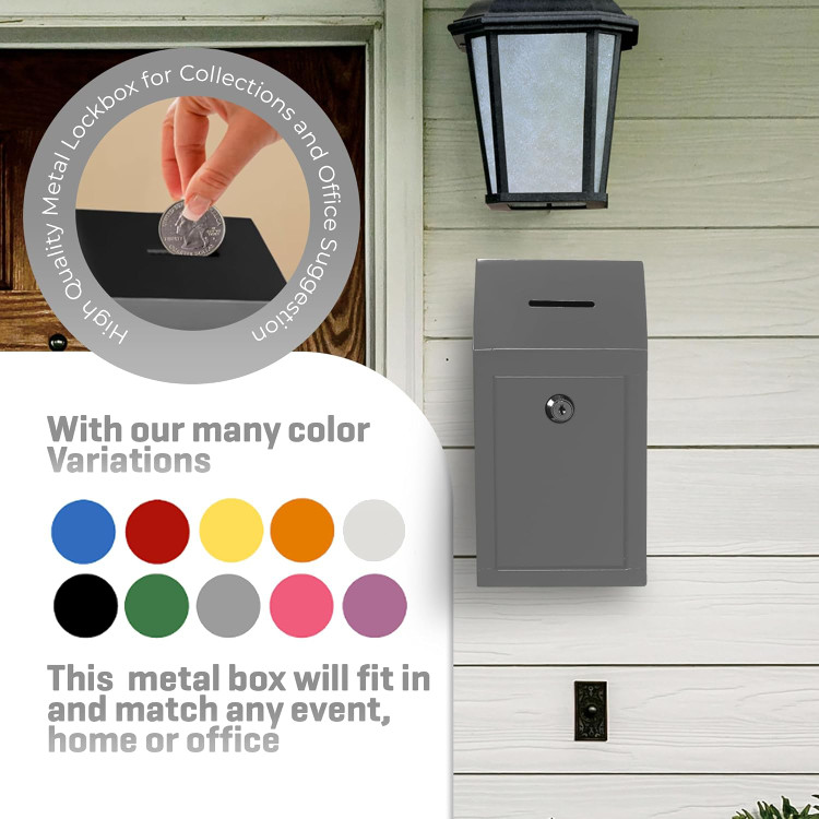 Wall-Mount back Pre-drilled holes Metal Donation & Suggestion Box with Sloped Top and Lock with 2 keys 2.5" Deep