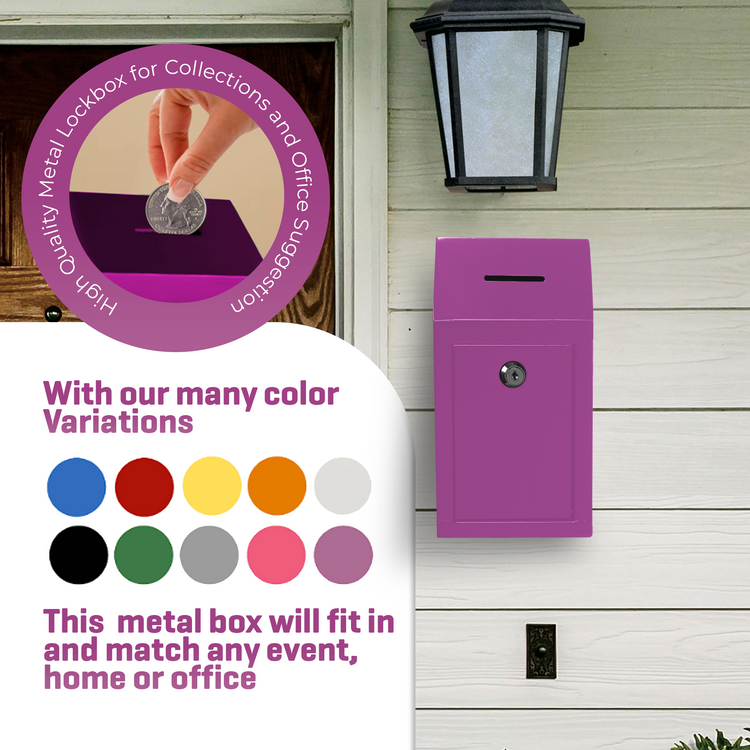 Wide Wall-Mount Metal Donation Box with Sloped Top and Locking Door