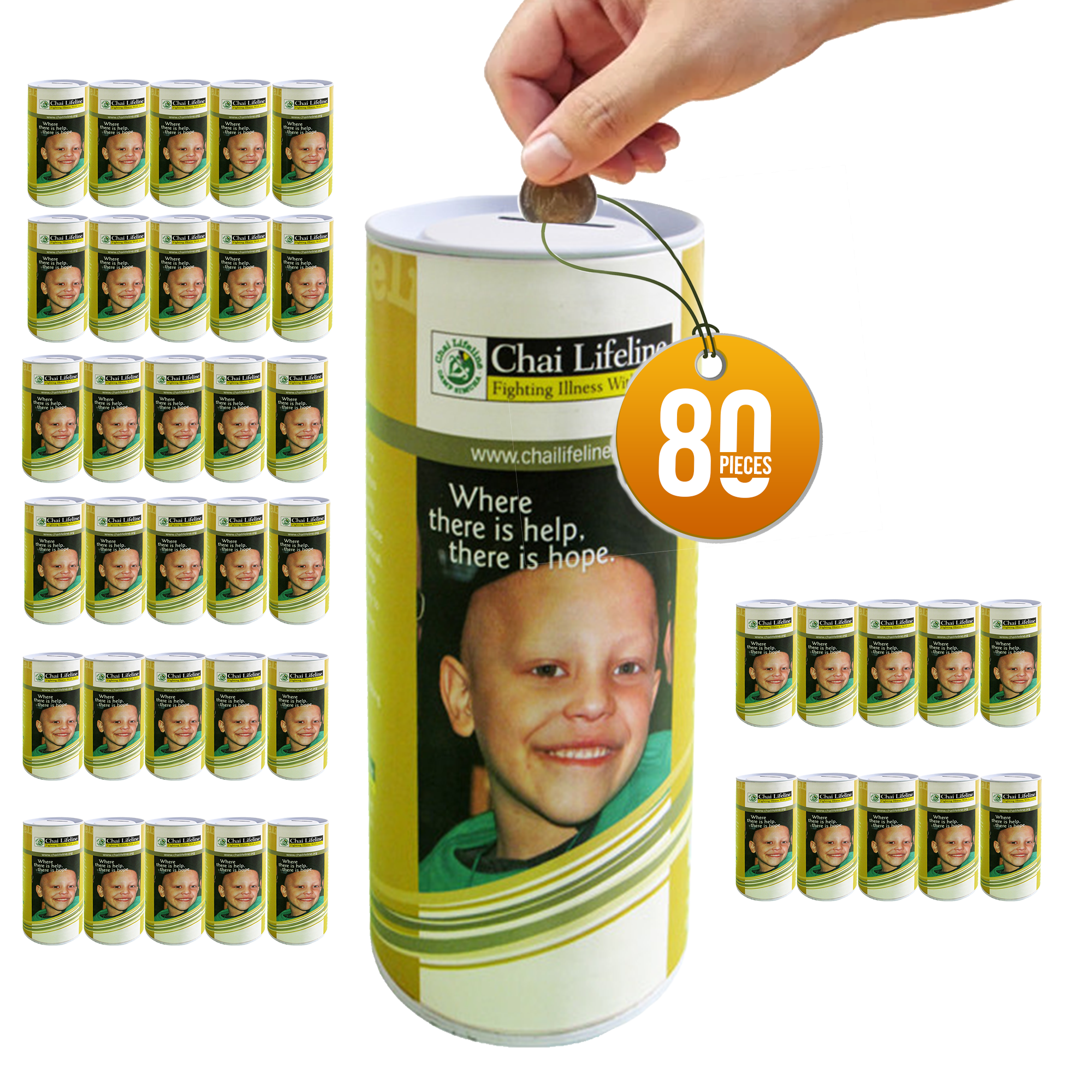 8 inch high Cardboard Donation Cans with tin top and bottom- Custom Printed Label, Eco-Friendly, Case of 80 Pieces