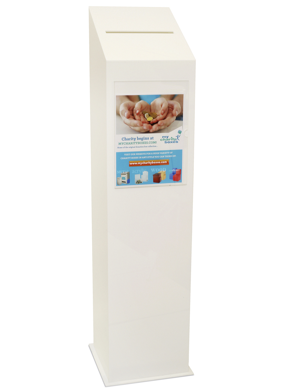 White Acrylic Stand Free Tall Charity Donation Box With display area lock and keys included My