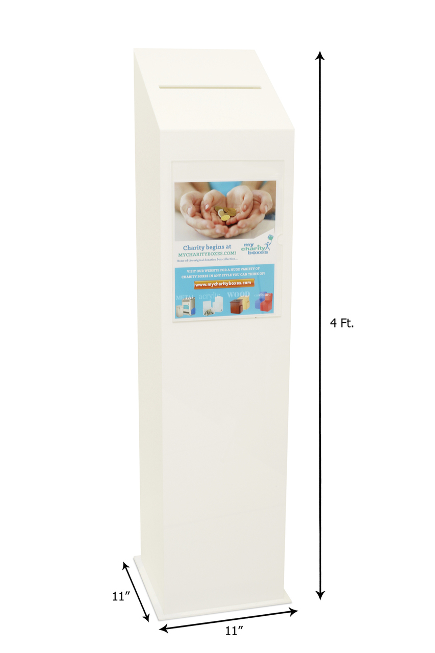 White Acrylic Stand Free Tall Charity Donation Box With display area