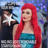 Red Mermaid Wig + Starfish Hair Clip (Ariel) Long Red Womens Costume Wig - by Allaura