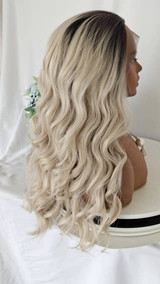 GLACIER - Lacefront Ombre Ice Grey Blonde Waves with Dark Roots - by Queenie Wigs