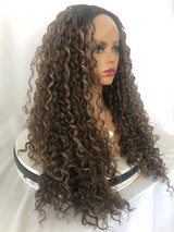 MEREDITH - Lacefront Brown Long Tight Spiral Curls with Blonde Highlights - by Queenie Wigs