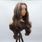 DAWN - Lace Front Medium Brown with Blonde Highlights Long Wavy Wig - by Queenie Wigs