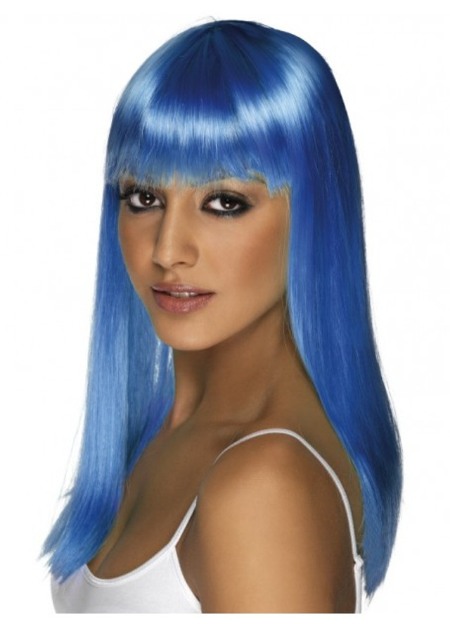 Glamourama Wig, Neon Blue, Long, Straight with Fringe