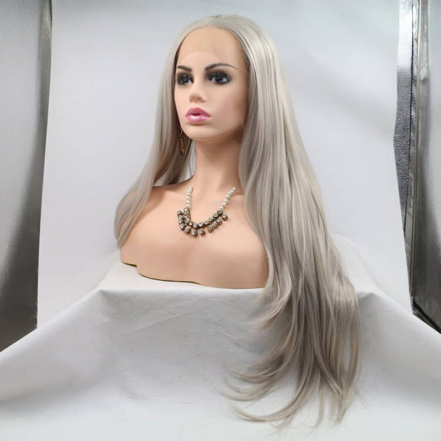 PEARL - Lace Front Lace Part Heat Resistant Long Grey Blonde Straight Wig - by Queenie Wigs