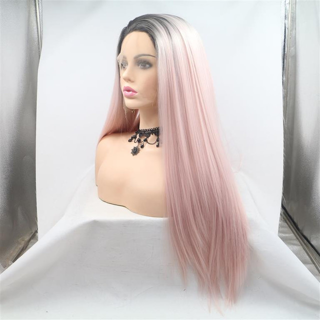 AIDEN - Lace Front Long Straight Ombre Pink Wig - by Queenie Wigs