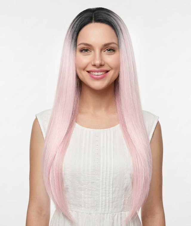 AIDEN - Lace Front Long Straight Ombre Pink Wig - by Queenie Wigs