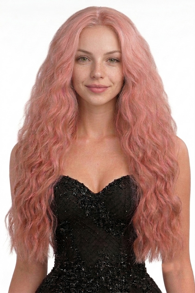 MIA - Lace Front Long Curly Pink Wig - by Queenie Wigs
