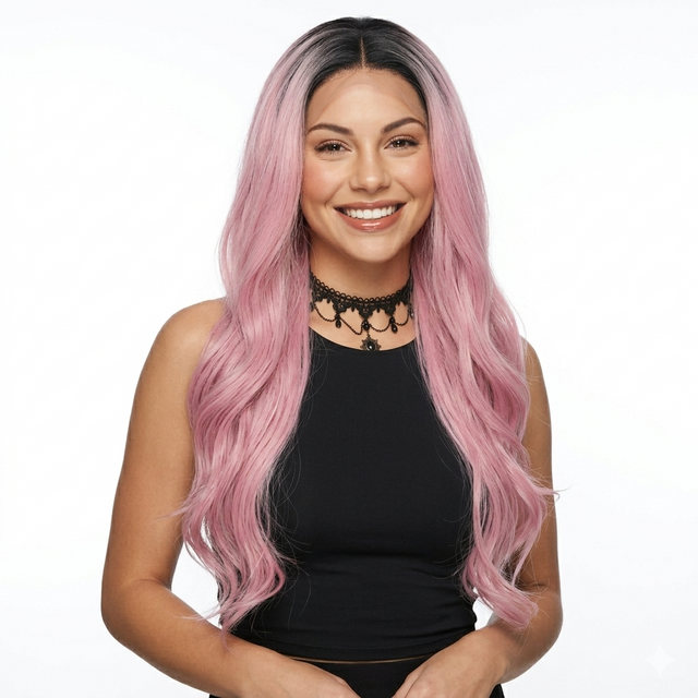 HARPER - Lace Front Long Wavy Ombre Pink Wig - by Queenie Wigs