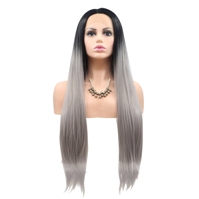 SAMI - Lace Front Long Straight Ombre Grey Blonde Wig - by Queenie Wigs
