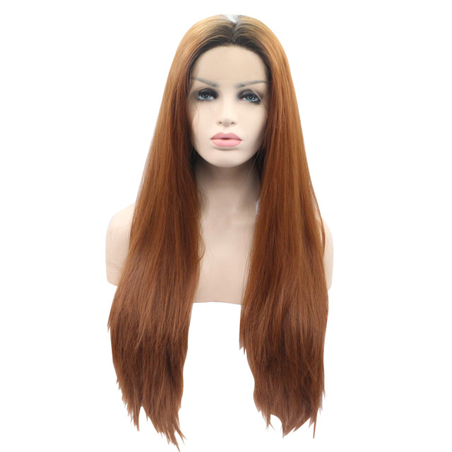 EVIE - Lace Front Long Auburn Brown Ombre Straight Wig - by Queenie Wigs