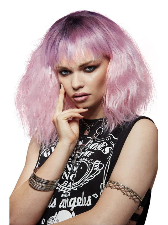 Manic Panic Ombre Pink Midlength Wavy Bob with Dark Roots and Fringe