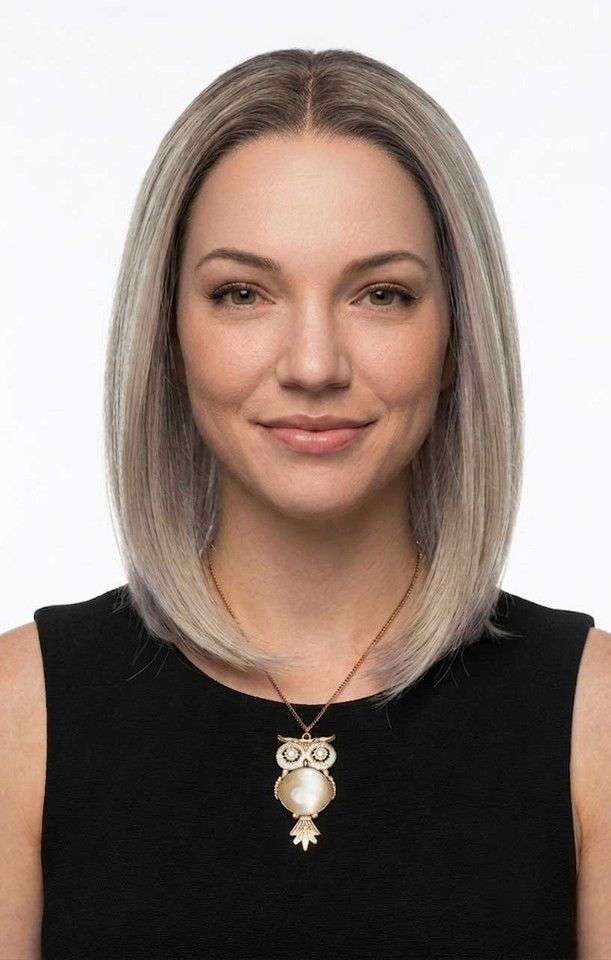 ARABELLA - Lacefront Ombre Grey Blonde Ash Blonde Straight Bob with Dark Roots - by Queenie Wigs
